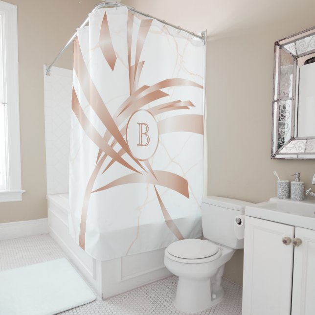 Rideaux De Douche Rose Gold Abstrait Art Marbre blanc Monogramme (En situation)