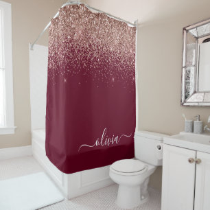 Rideaux De Douche Rose Gold Burgundy Blush Fleurs Monogramme
