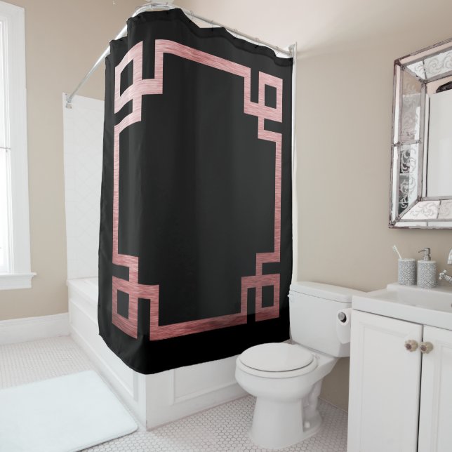 Rideaux De Douche Rose Gold Clé grecque Impression sur noir (En situation)