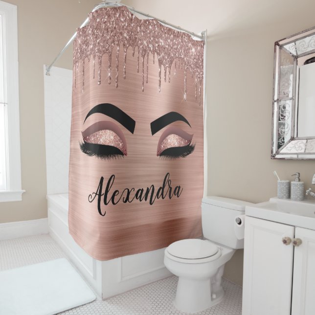 Rideaux De Douche Rose Gold Glitter Sparkle Eyelashes Monogram (En situation)