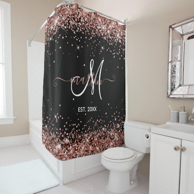 Rideaux De Douche Rose Gold Parties scintillant famille Monogramme n (En situation)