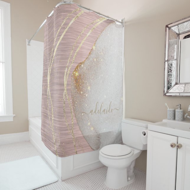 Rideaux De Douche Rose Gold Parties scintillant Monogramme Nom Scrip (En situation)