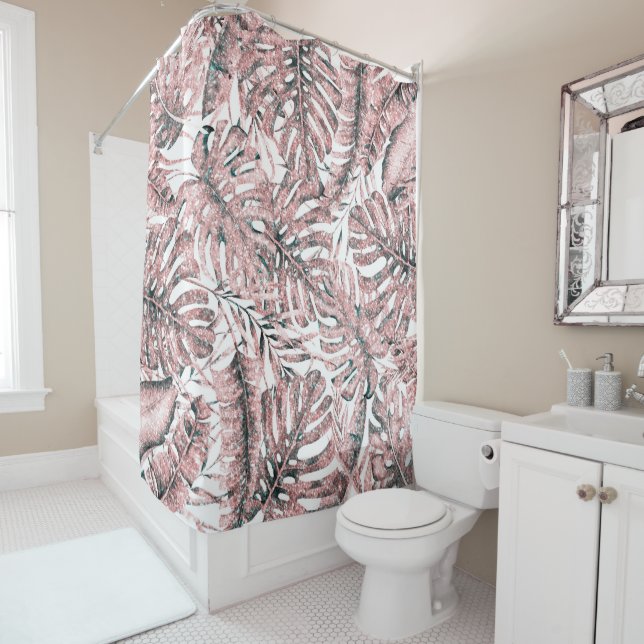 Rideaux De Douche Rose Gold Parties scintillant Tropical Palm Feuill (En situation)