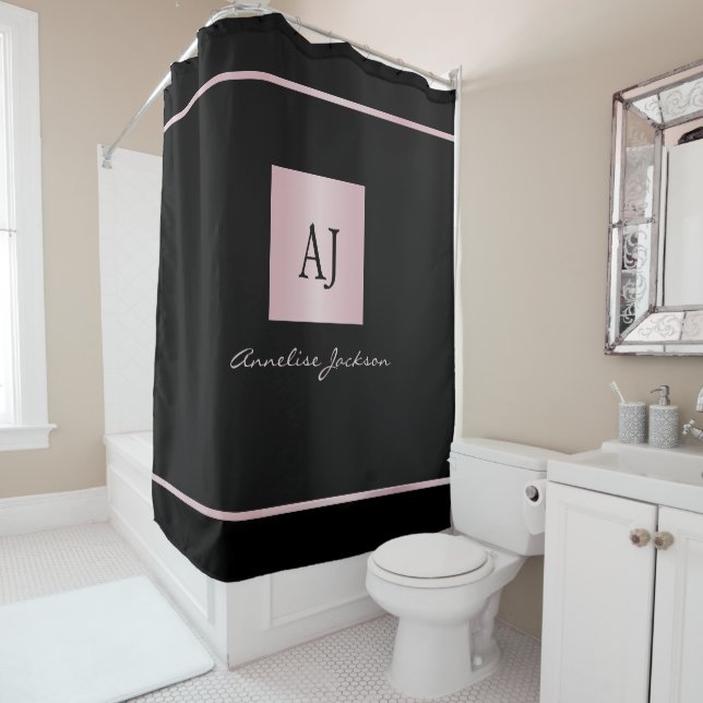 Rideaux De Douche Rose or nom personnalisé monogramme noir (En situation)