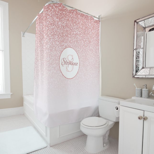 Rideaux De Douche Rose Parties scintillant or Blush rose Ombre Monog (En situation)