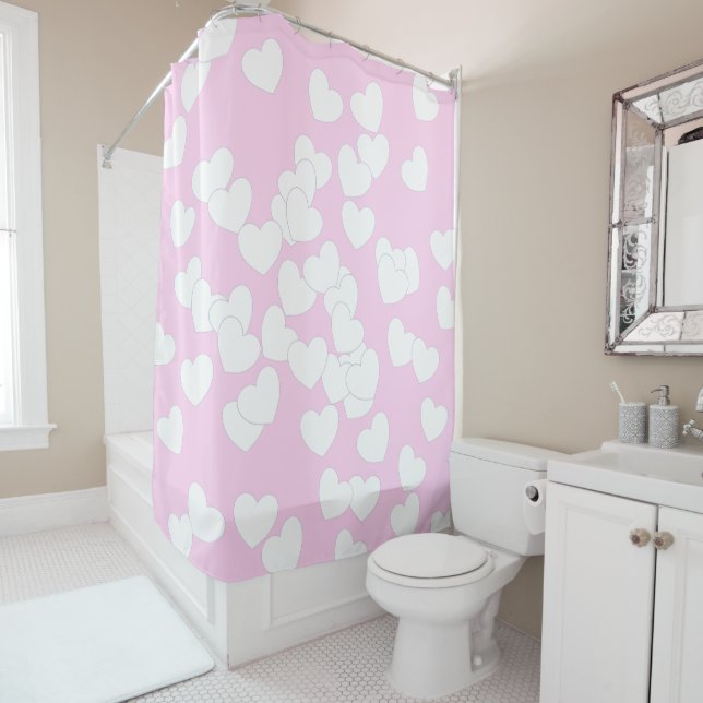 Rideaux De Douche Rose Pastel Doux Avec Grand Coeur Blanc (En situation)