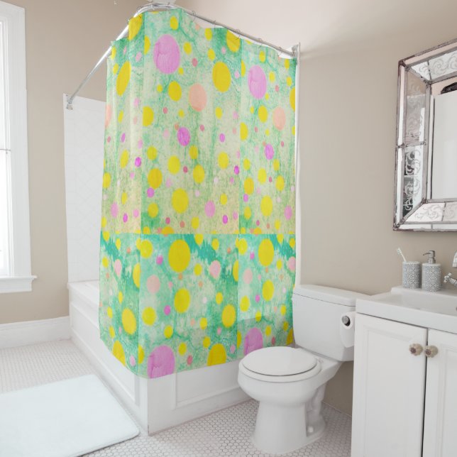 Rideaux De Douche Rose vert de menthe jaune pastel (En situation)