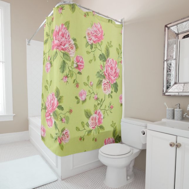 Rideaux De Douche Rose vert floral moderne (En situation)