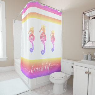 Rideaux De Douche Rose violet jaune hippocampe plage vie script bold