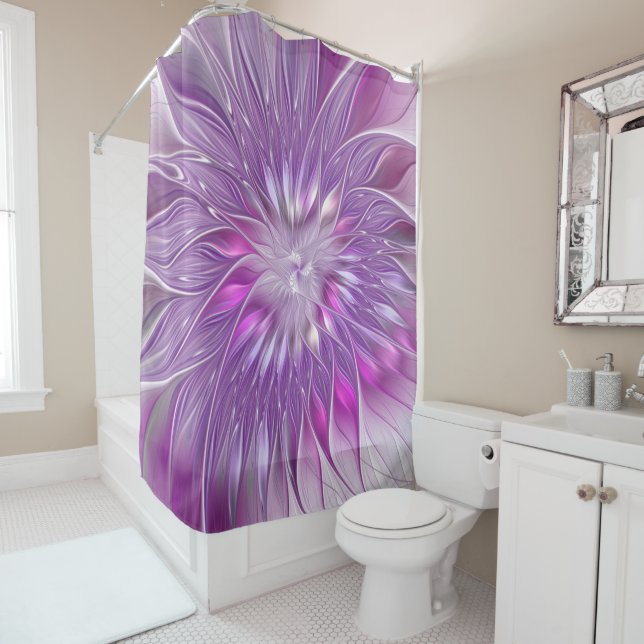 Rideaux De Douche Rose violet passion Fleur Art Abstrait Fractal (En situation)