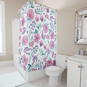 Rideaux De Douche Rose violet Turquoise Aquarelle Fleurs Motif