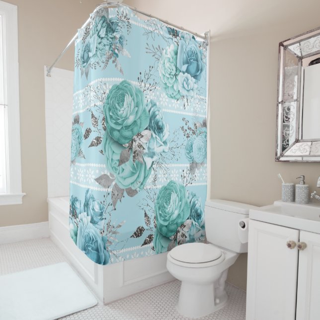 Rideaux De Douche Roses bleus avec détails dentelle (En situation)