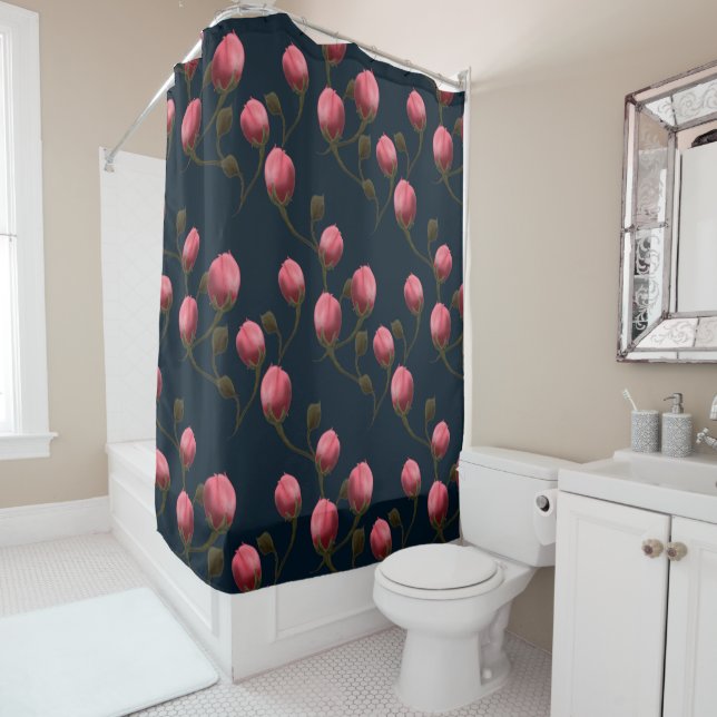 Rideaux De Douche Roses d'aquarelle rose sur bleu foncé (En situation)
