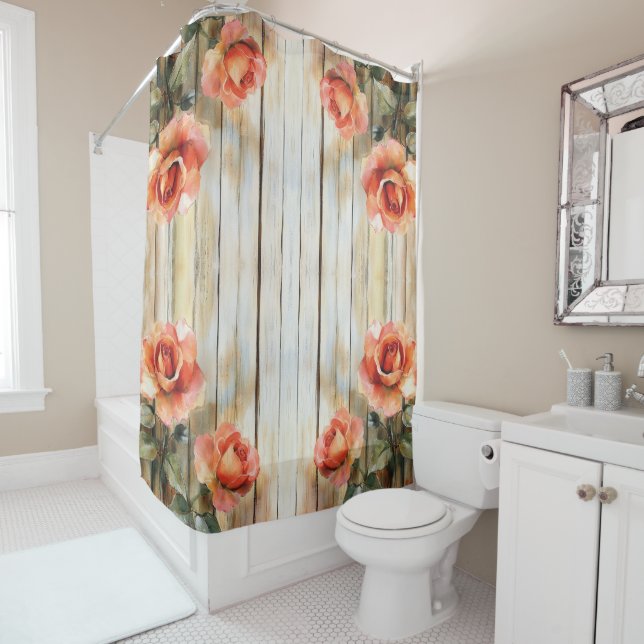 Rideaux De Douche Roses D'Aquarelle Sur Le Bois (En situation)