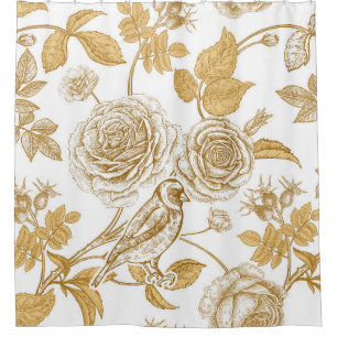 Rideaux De Douche Roses dorés, fleurs, feuilles et baies de chien