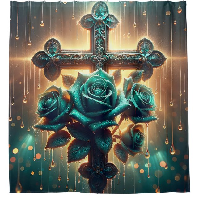 Rideaux De Douche "Roses et croix bleus mystiques" (Devant)