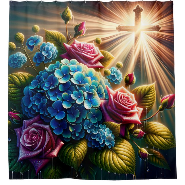Rideaux De Douche "Roses et hydrangées avec Croix - Art spirituel" (Devant)