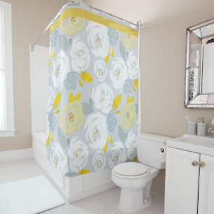 Rideaux De Douche Roses jaunes et blanches sur gris