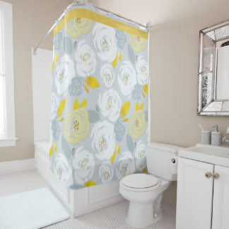 Rideaux De Douche Roses jaunes et blanches sur gris