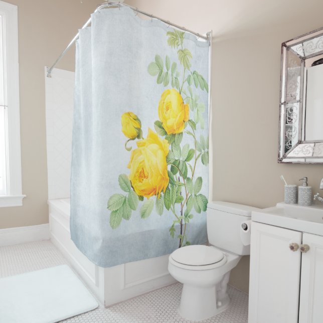 Rideaux De Douche Roses jaunes sur gris débrayé (En situation)