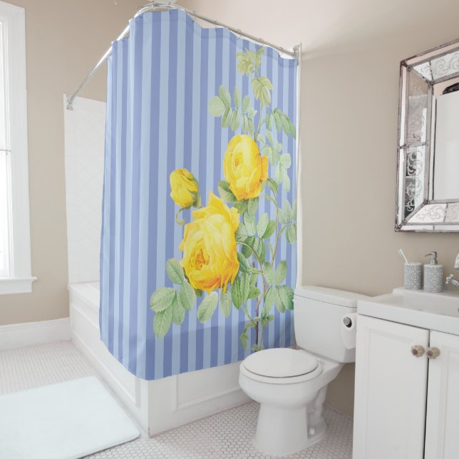 Rideaux De Douche Roses jaunes sur les bandes bleues (En situation)