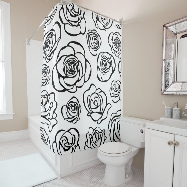 Rideaux De Douche Roses noirs et blancs élégants sur l'arrière - (En situation)