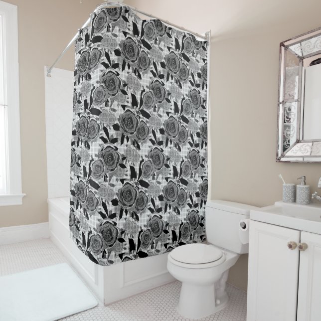 Rideaux De Douche Roses noirs, rose, noirs et gris (En situation)