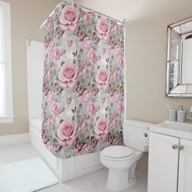 Rideaux De Douche Roses roses et papillons d'eau (En situation)