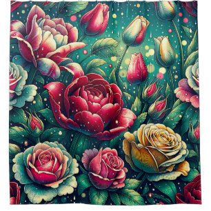 Rideaux De Douche "Roses rouges stylisées avec gouttes de pluie"