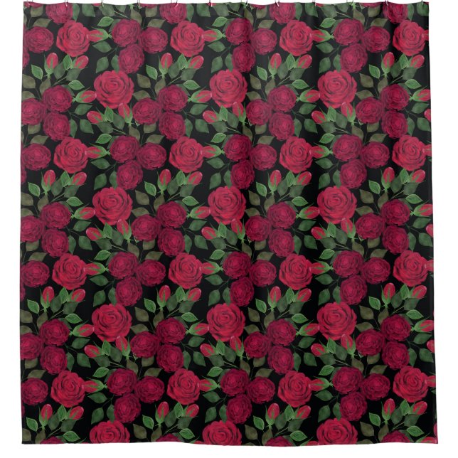 Rideaux De Douche Roses rouges sur noir. (Devant)