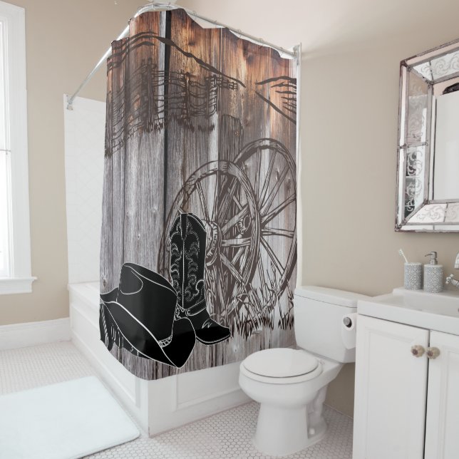 Rideaux De Douche Roue en bois de canne rustique Cowboy (En situation)