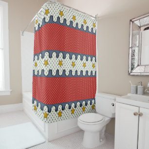 Rideaux De Douche Rouge, Blanc, Bleu - Pois, Grandes et Étoiles