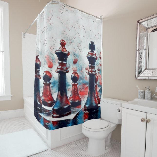 Rideaux De Douche Rouge, Blanc, Pièces d'échecs Bleues Roi, Reine, É (En situation)