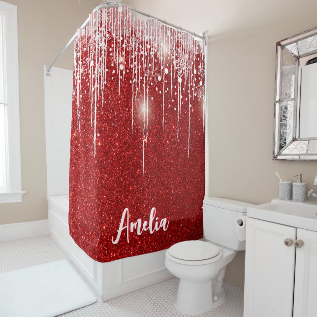 Rideaux De Douche Rouge Blanc Snowflake Votre nom (En situation)
