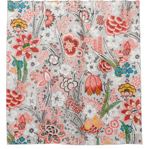 RIDEAUX DE DOUCHE ROUGE BLEU JAUNE FLEURS SAUVAGES TULIPES, FEUILLES