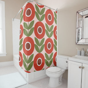 Rideaux De Douche Rouge, bleu, rétro, motif de fleurs, vintage, Scan