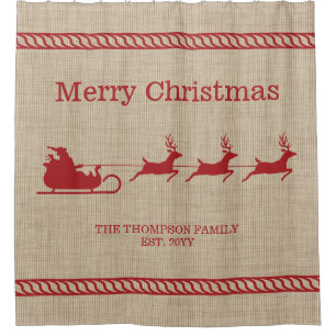 Rideaux De Douche Rouge Et Beige Père Noël Sleigh Noël Et Nom De Fam
