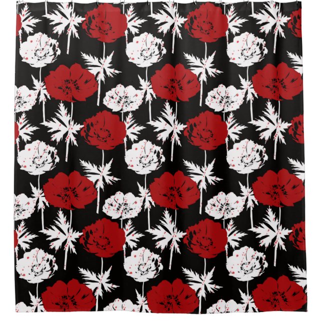 Rideaux De Douche Rouge, fleurs blanches sur noir. (Devant)