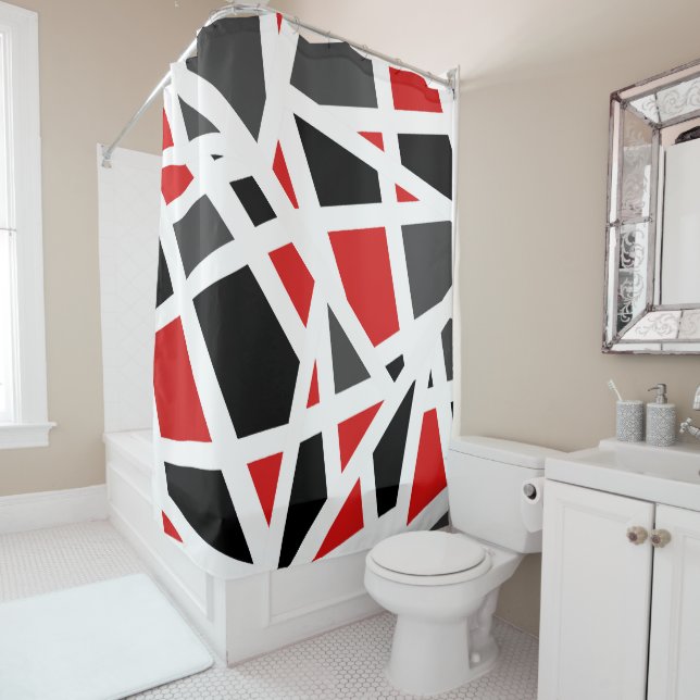 Rideaux De Douche Rouge gris noir blanc Géométrique 2 (En situation)