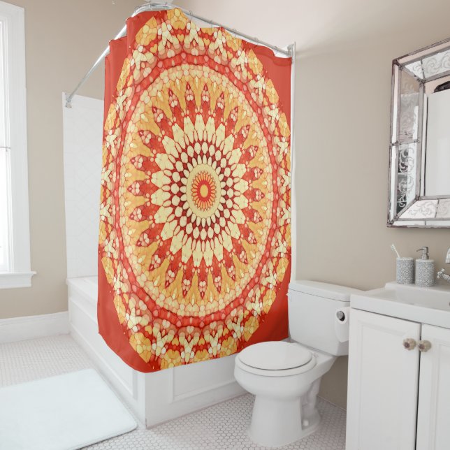 Rideaux De Douche Rouge Jaune Orange Summer Sun Mandala Motif (En situation)