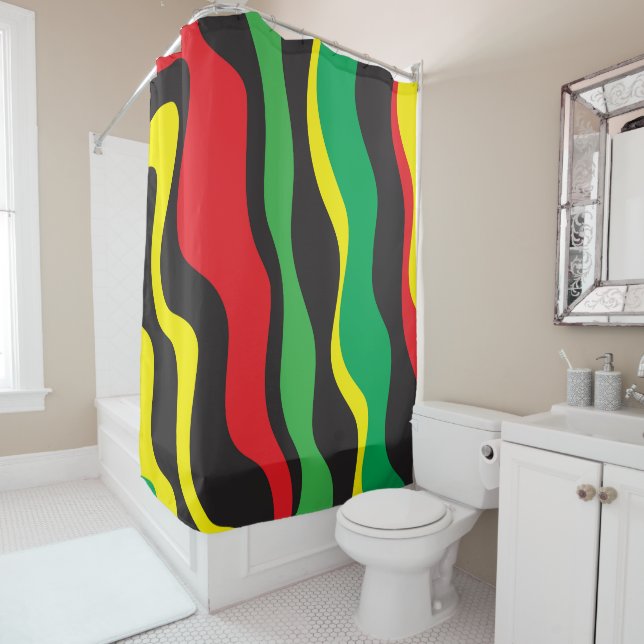 Rideaux De Douche Rouge Jaune Vert Rasta Noir Vague (En situation)