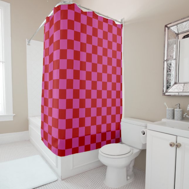 Rideaux De Douche Rouge + Pink Check À damiers Motif de tableau de b (En situation)