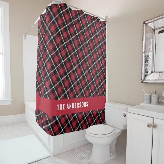 Rideaux De Douche Rouge tartan moderne rustique personnalisé (En situation)