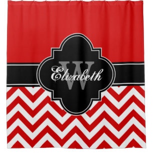 Rideaux De Douche Rouge Wht LG Chevron Noir 1ICBR Nom Monogramme