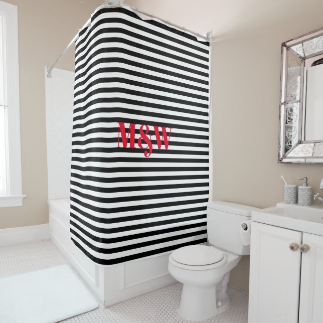 Rideaux De Douche Rouges initiales du couple monogramme noir blanc r (En situation)