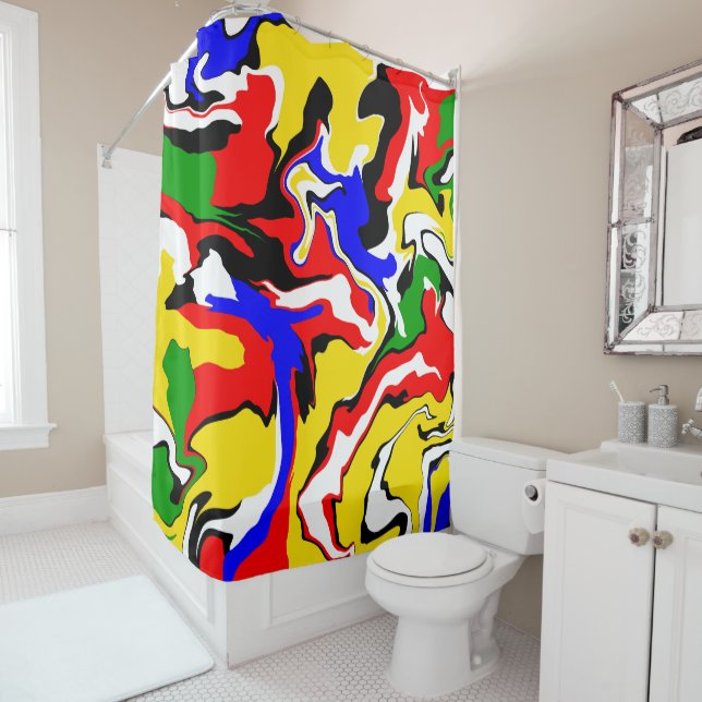 Rideaux De Douche Rouges, jaunes, noirs, bleus et verts (En situation)