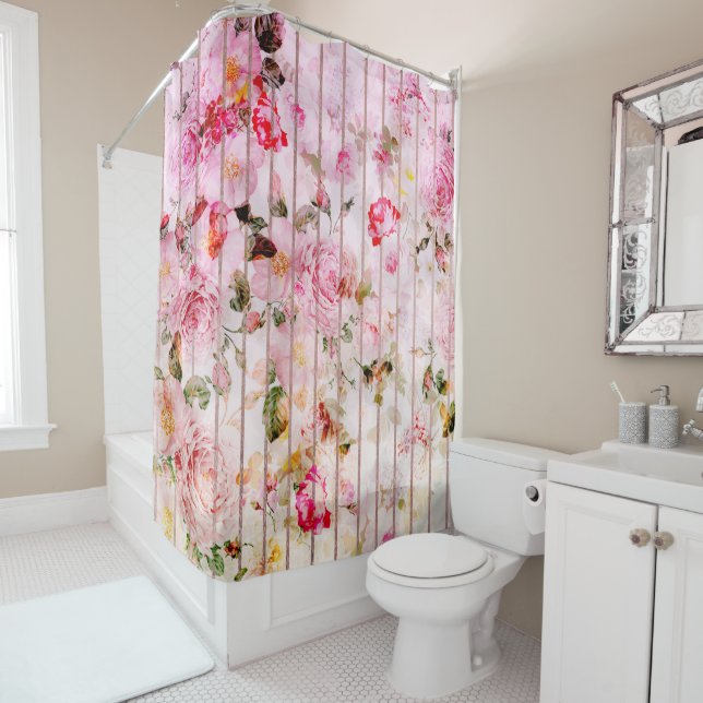Rideaux De Douche Rougissent les rayures modernes florales (En situation)