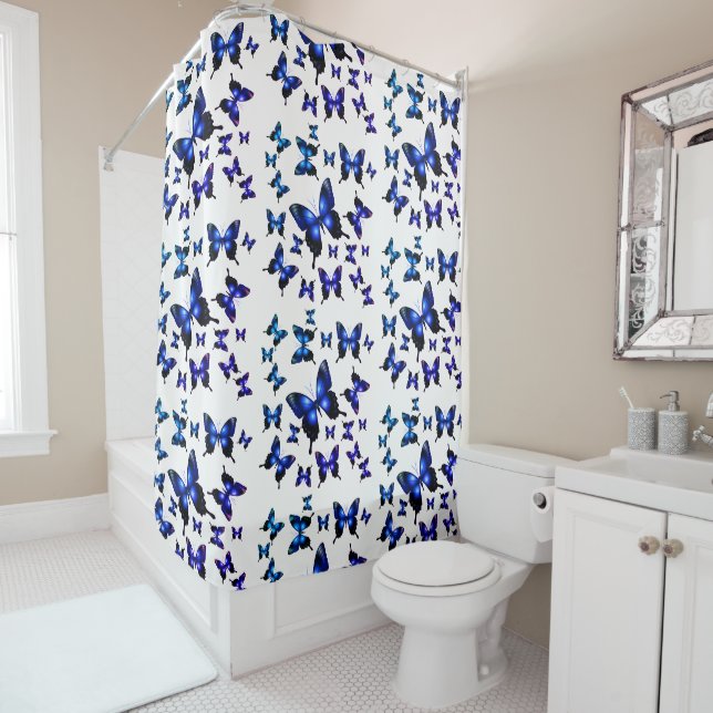 Rideaux De Douche Royal Blue Elegant Whimsical Butterflies (En situation)
