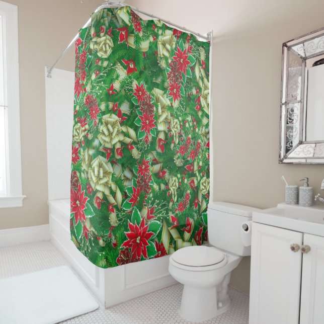Rideaux De Douche Rubans Feuille Poinsettia Fir Noël Floral | (En situation)