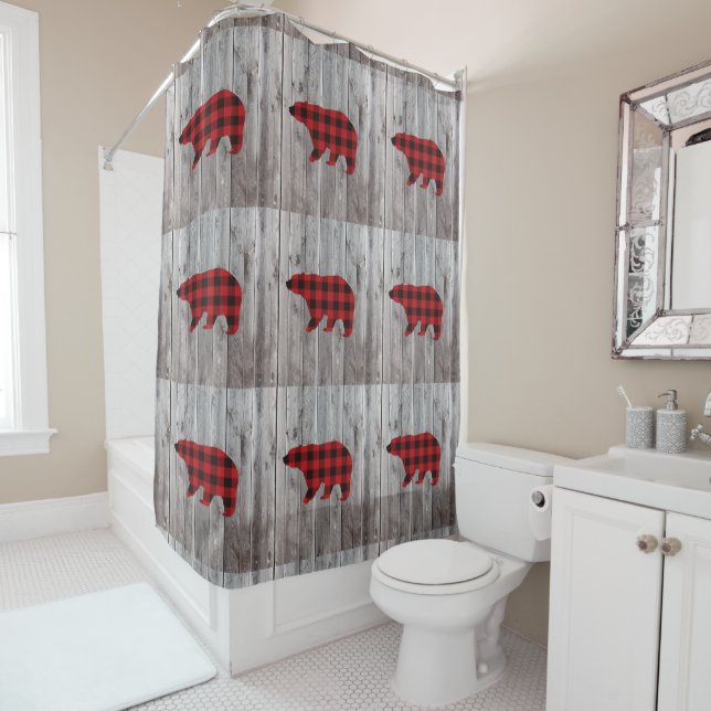 Rideaux De Douche ruodland barn wood red buffalo plaid bear (En situation)